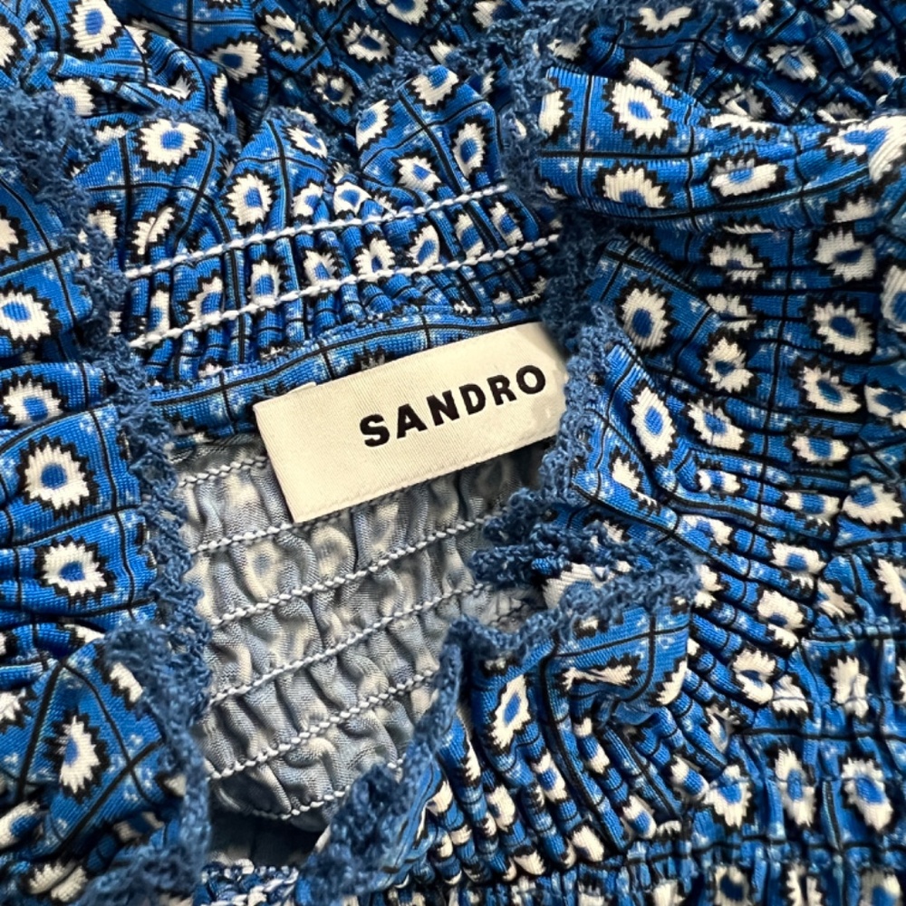 SANDRO Blue Floral Ruched Top Short Puff Sleeve Workwear Contemporary Blouse - Picture 5 of 7